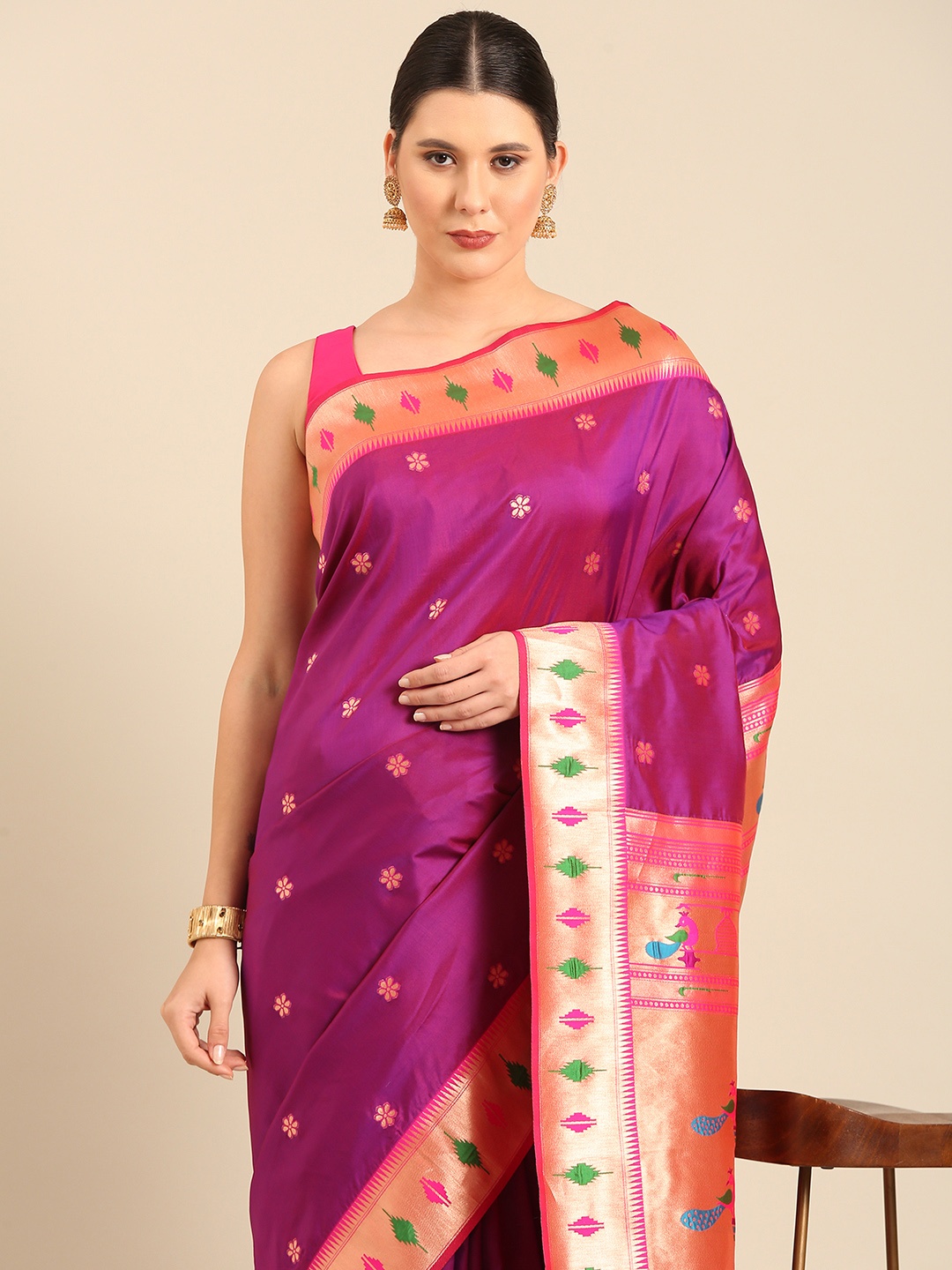 

Mitera Woven Design Zari Silk Blend Designer Paithani Saree, Purple