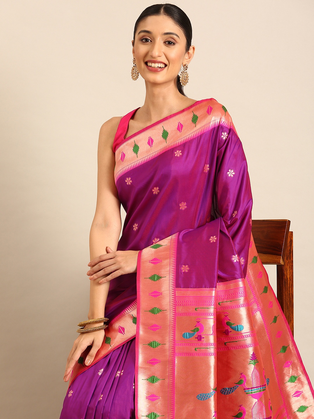 

Mitera Woven Design Zari Silk Blend Designer Paithani Saree, Purple