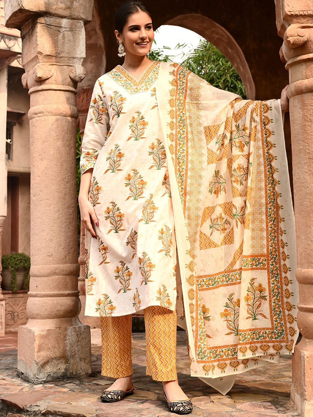 

filora Floral Printed Sequinned Pure Cotton Straight Kurta With Trouser & Dupatta, Yellow