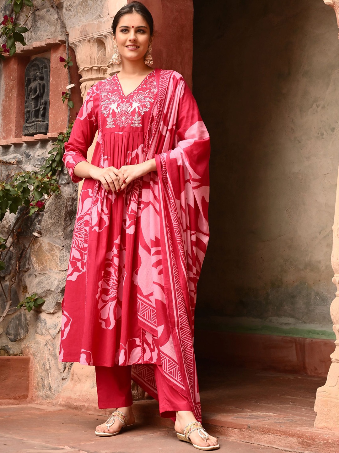 

filora Floral Printed Pleated Thread Work Pure Cotton A-Line Kurta With Trousers & Dupatta, Maroon