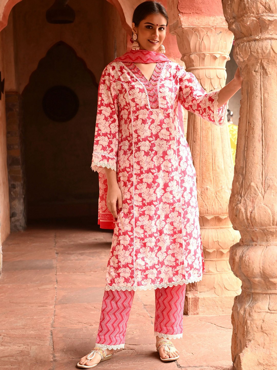 

filora Floral Printed Panelled Beads Work Pure Cotton Kurta With Trouser & Dupatta, Pink