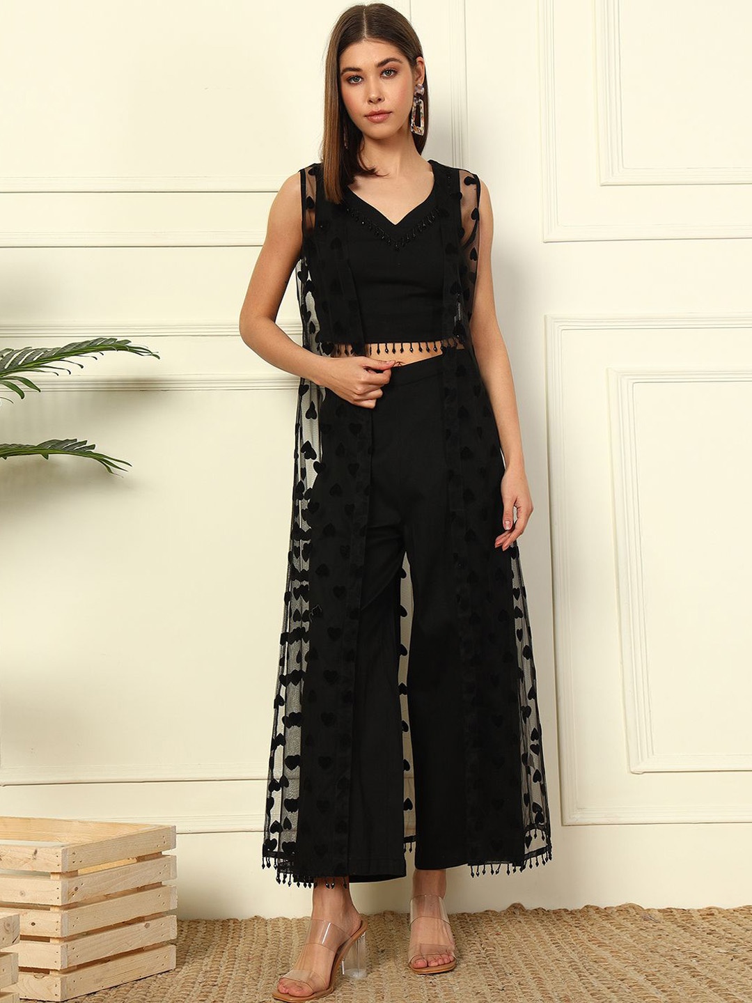

DEEBACO V-Neck Sleeveless Crop Top & Palazzo With Shrug, Black