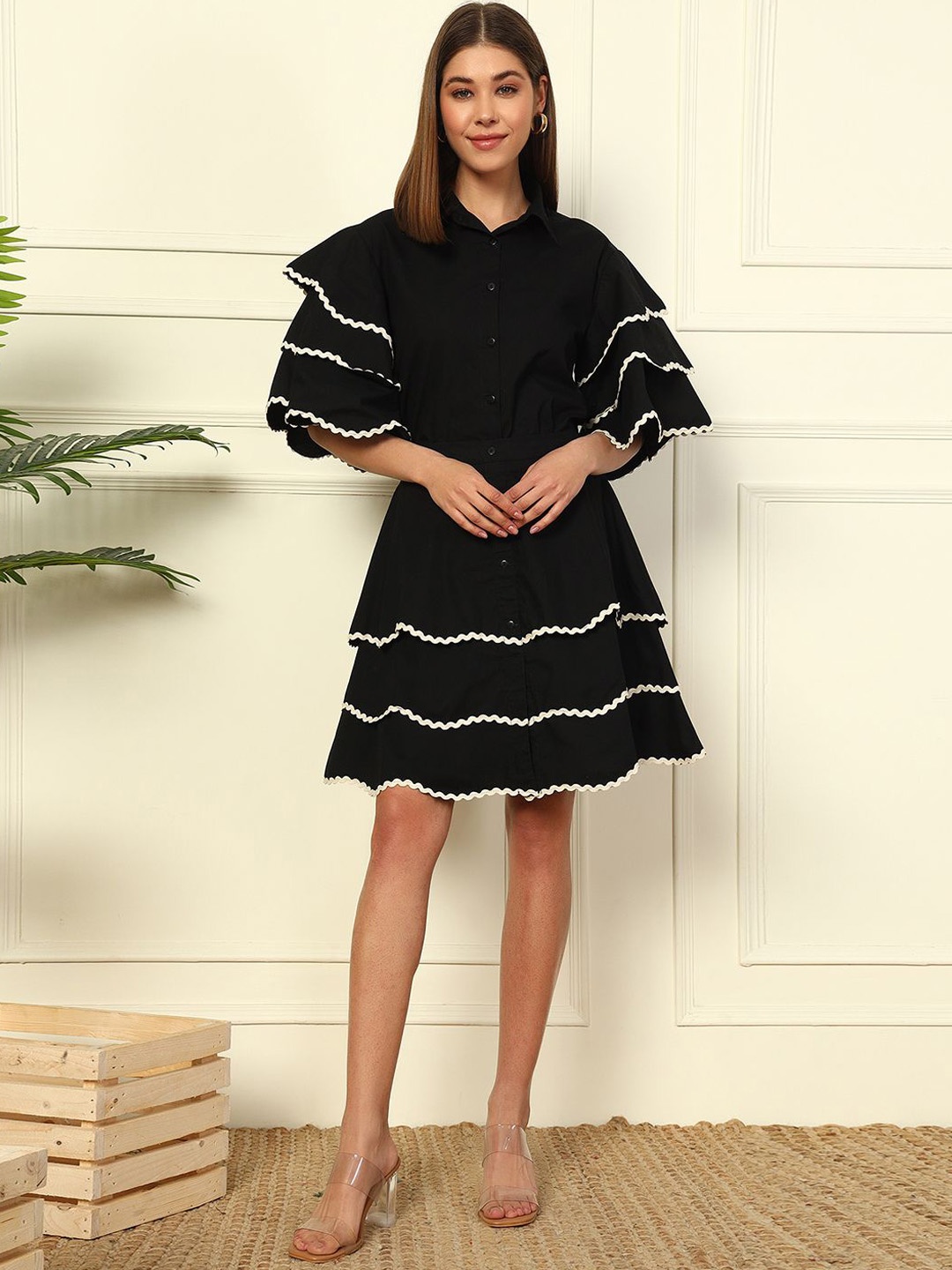 

DEEBACO Shirt Collar Neck Ruffles & Flounces Pure Cotton Shirt With Skirt, Black