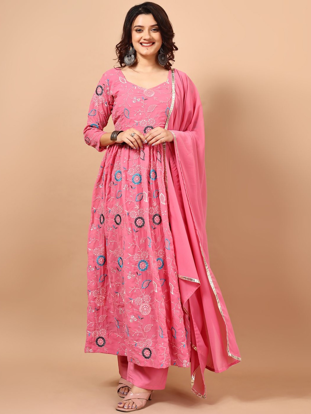 

Anara Floral Embroidered Thread Work Anarkali Georgette Kurta With Trouser & Dupatta, Pink