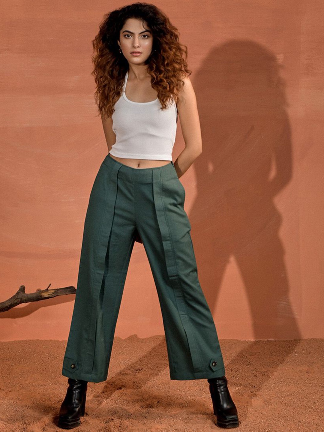 

Aamili Women Straight Fit Pleated Trousers, Green