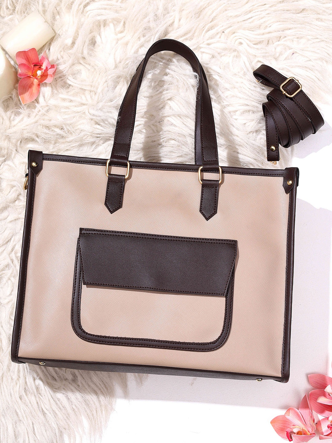 

LEGAL BRIBE Women Colourblocked Shopper Tote Bag, Peach