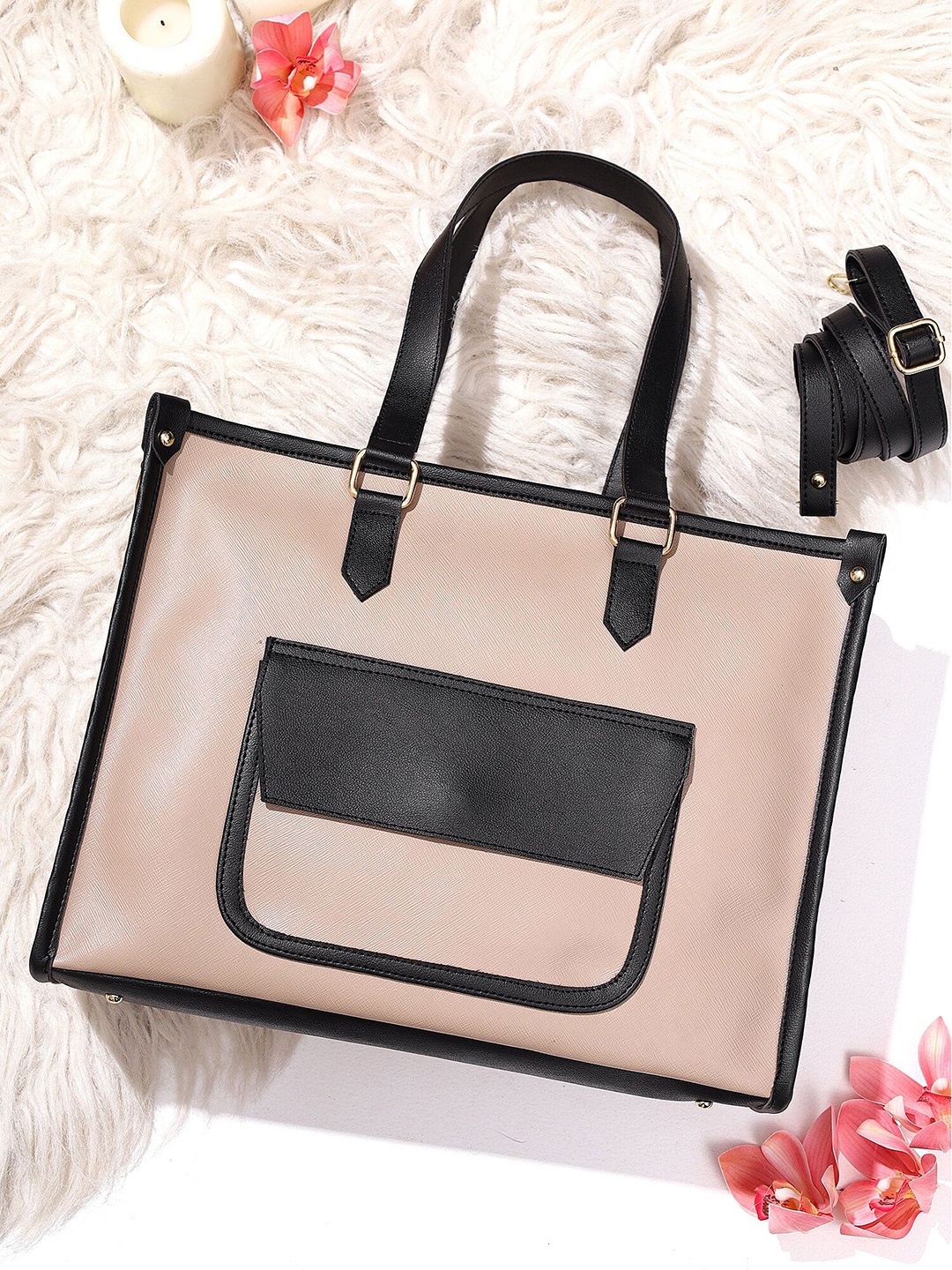 

LEGAL BRIBE Women Colourblocked Shopper Tote Bag, Peach