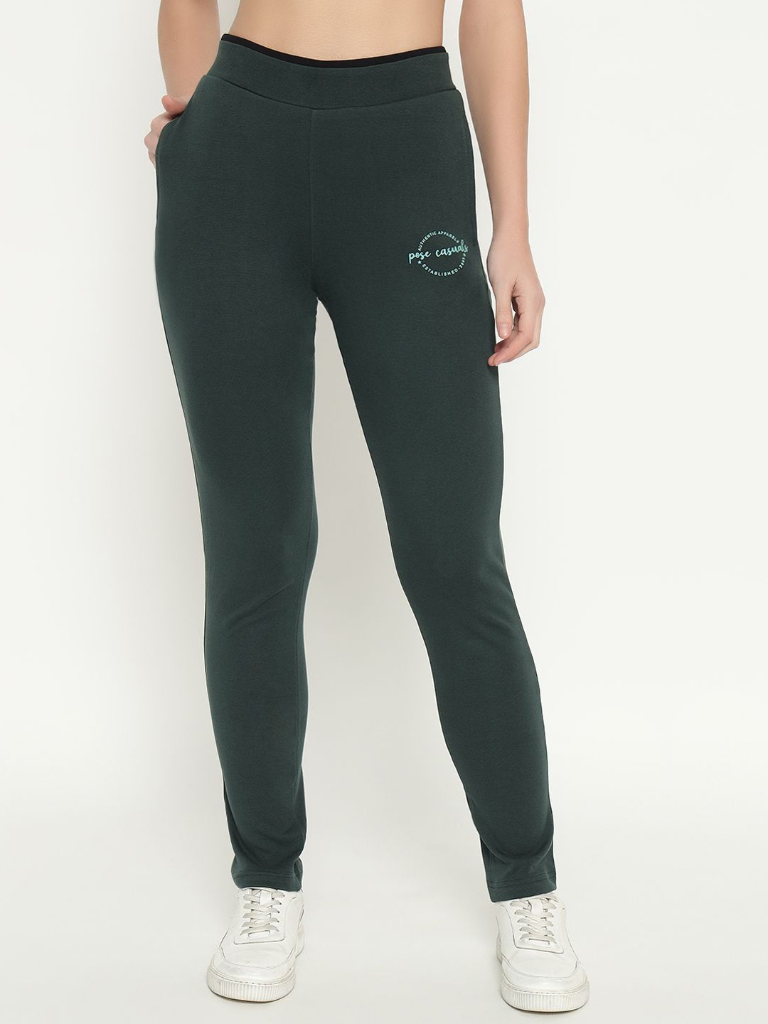 

POSE CASUALS Women Solid Cotton Track Pant, Green