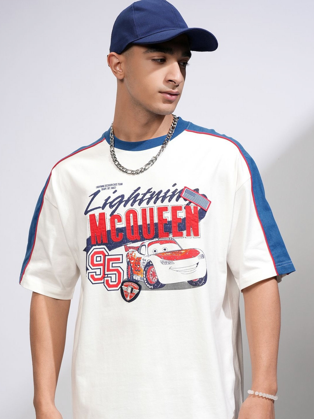 

HIGHLANDER Pixar Car Men Round Neck Dropshoulder Oversized Tshirt, White