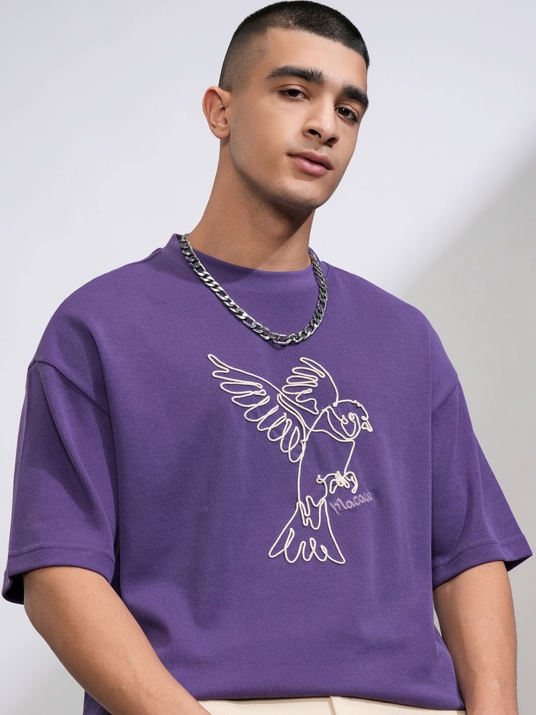 

HIGHLANDER Men Self Design Round Neck Drop Shoulder Oversized T-shirt, Purple