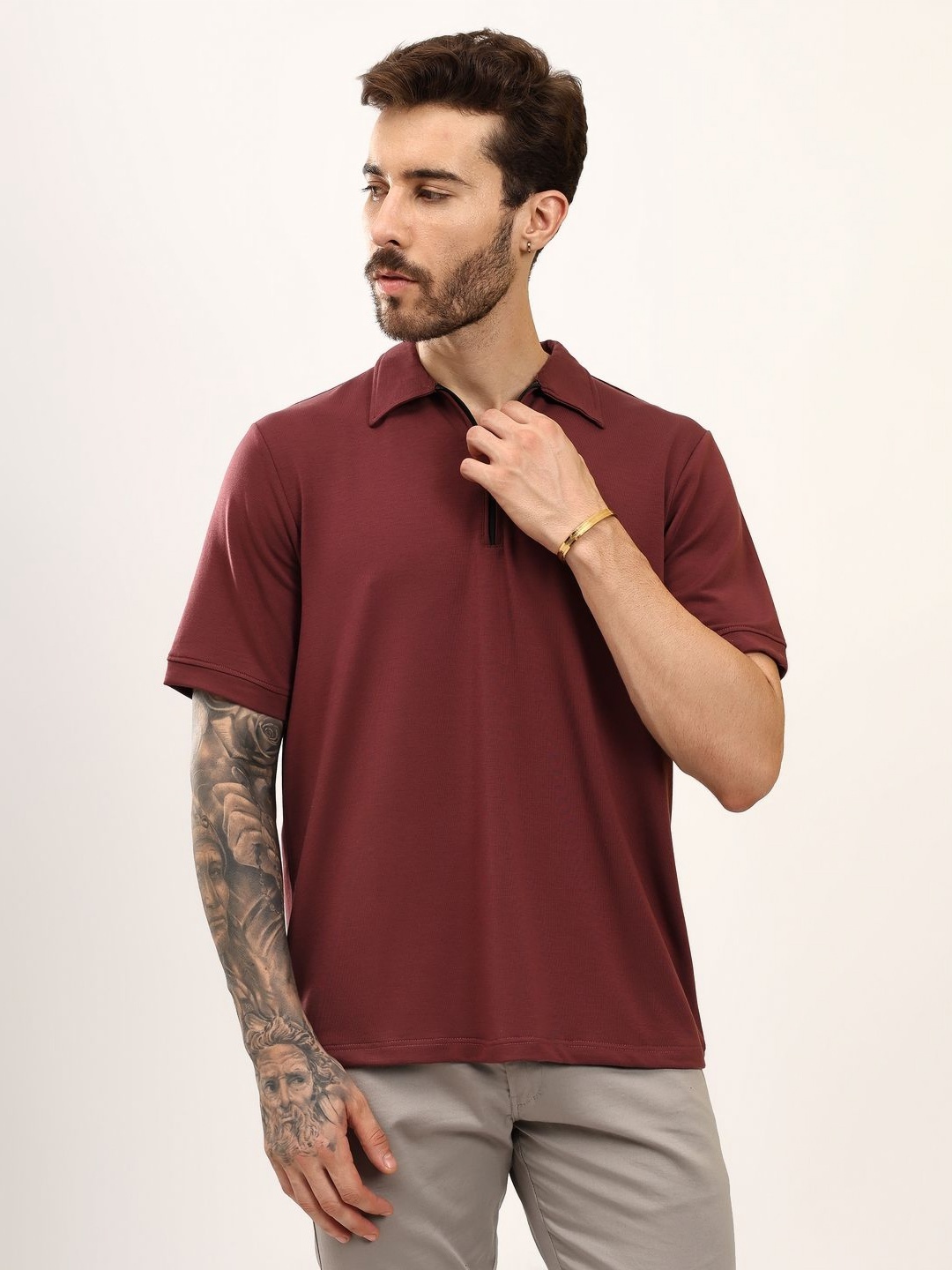 

Nineninety Men Solid Polo Collar Cotton T-shirt, Maroon