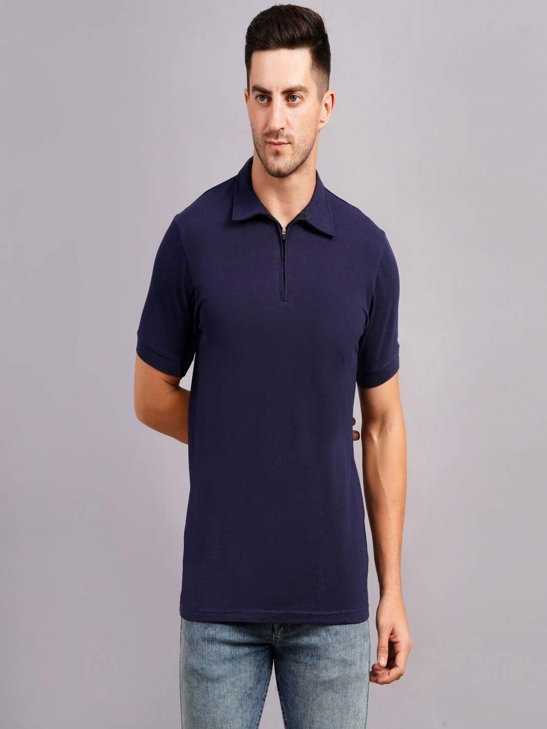 

Nineninety Men Solid Polo Collar Cotton T-shirt, Navy blue