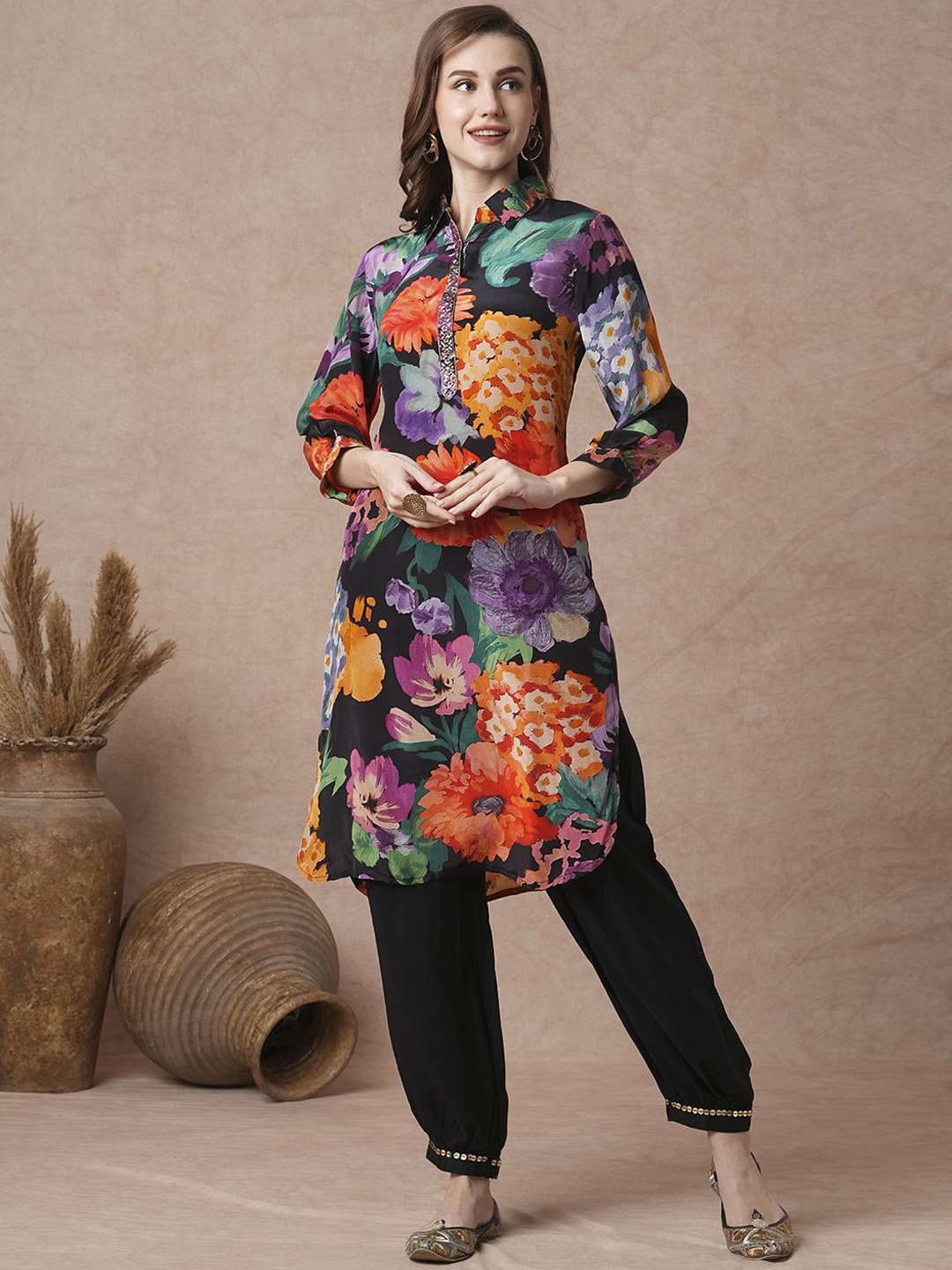 

FASHOR Black And Orange Floral Printed Shirt Collar Straight Kurta With Salwar
