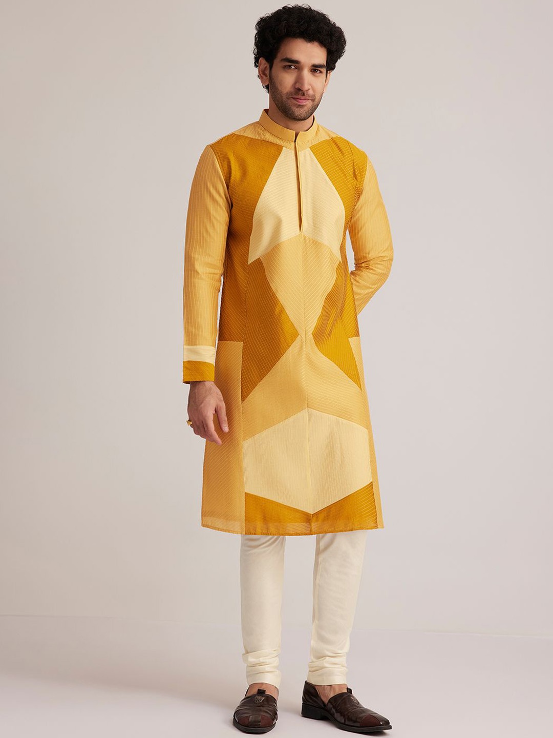 

KALKI Fashion Colourblocked Mandarin Collar Thread Work Straight Kurta With Churidar, Yellow