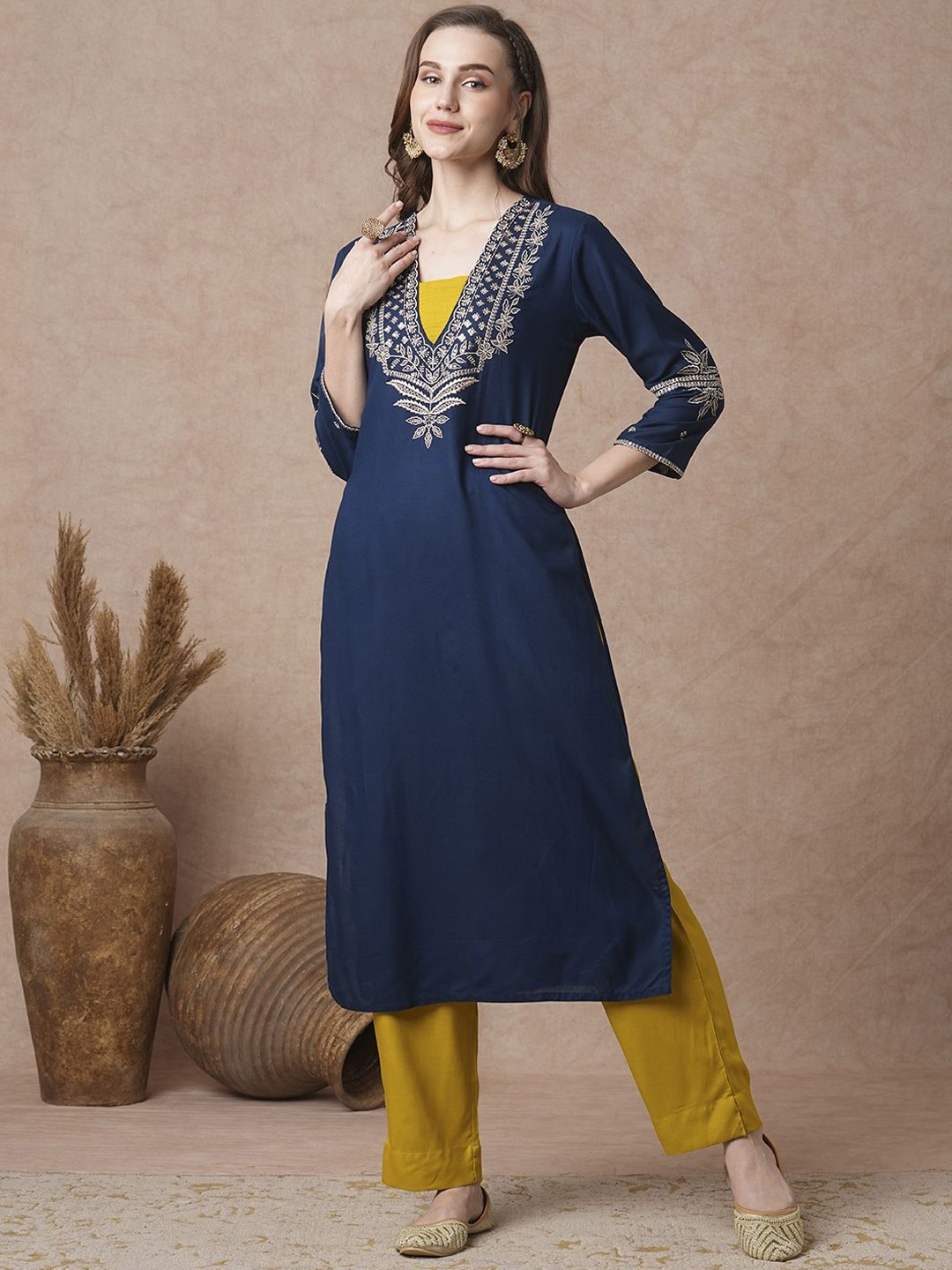 

FASHOR Teal Blue Floral Embroidered Square Neck Thread Work Straight Kurta With Trousers