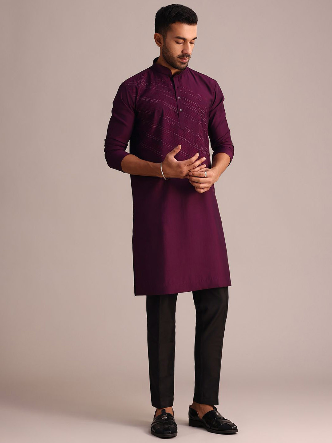 

KALKI Fashion Striped Mandarin Collar Thread Work Kurta With Trouser, Purple