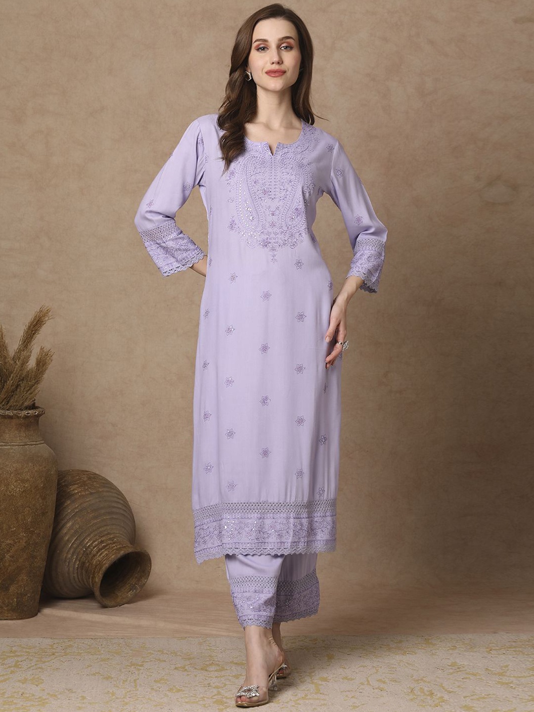 

FASHOR Women Paisley Embroidered Regular Sequinned Kurta with Palazzos, Lavender