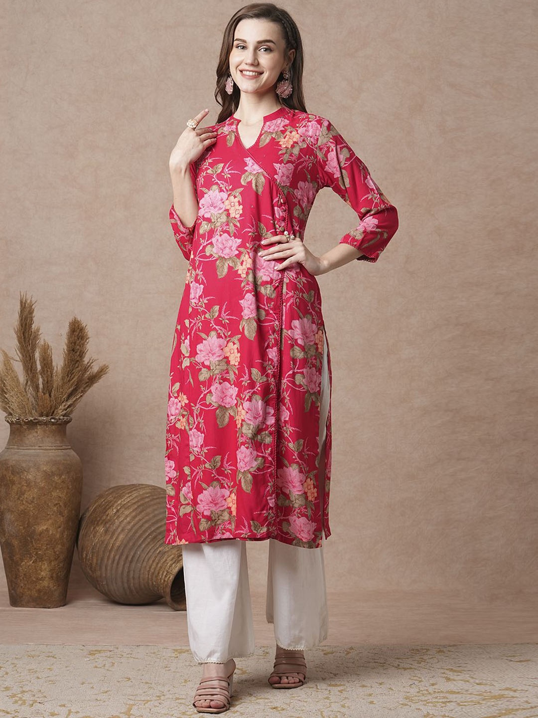 

FASHOR Floral Printed Mandarin Collar A-Line Kurta, Red