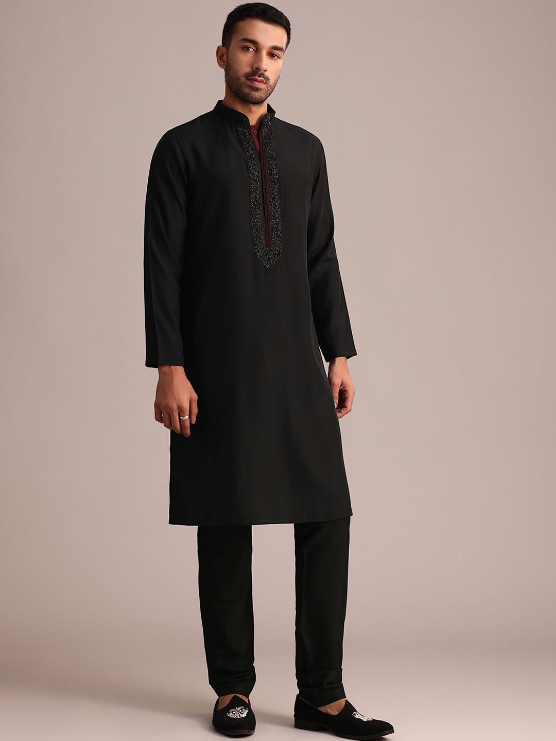 

KALKI Fashion Floral Yoke Design Mandarin Collar Thread Work Straight Kurta With Churidar, Black