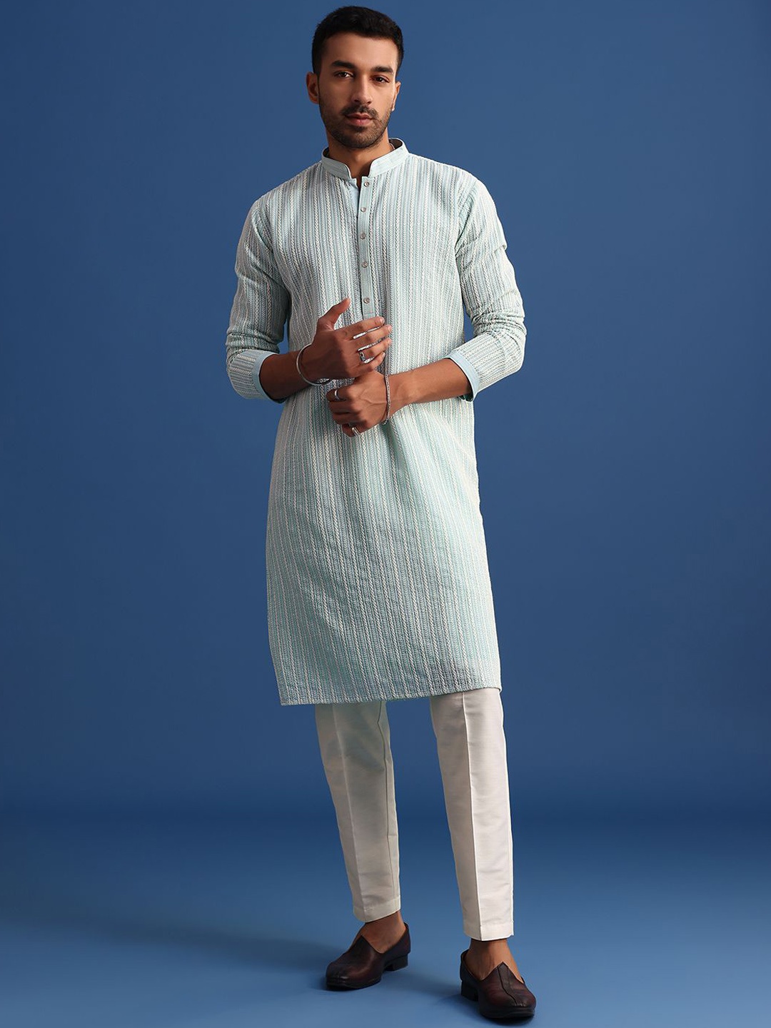 

KALKI Fashion Geometric Embroidered Sequin Work Georgette Straight Kurta With Trouser, Blue