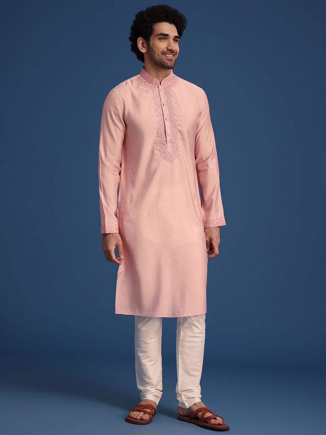 

KALKI Fashion Floral Yoke Design Mandarin Collar Thread Work Straight Kurta With Churidar, Peach