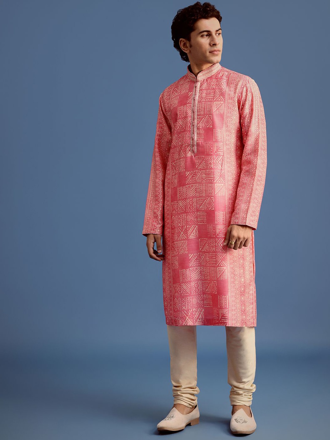 

KALKI Fashion Geometric Printed Mandarin Collar Straight Kurta With Churidar, Pink