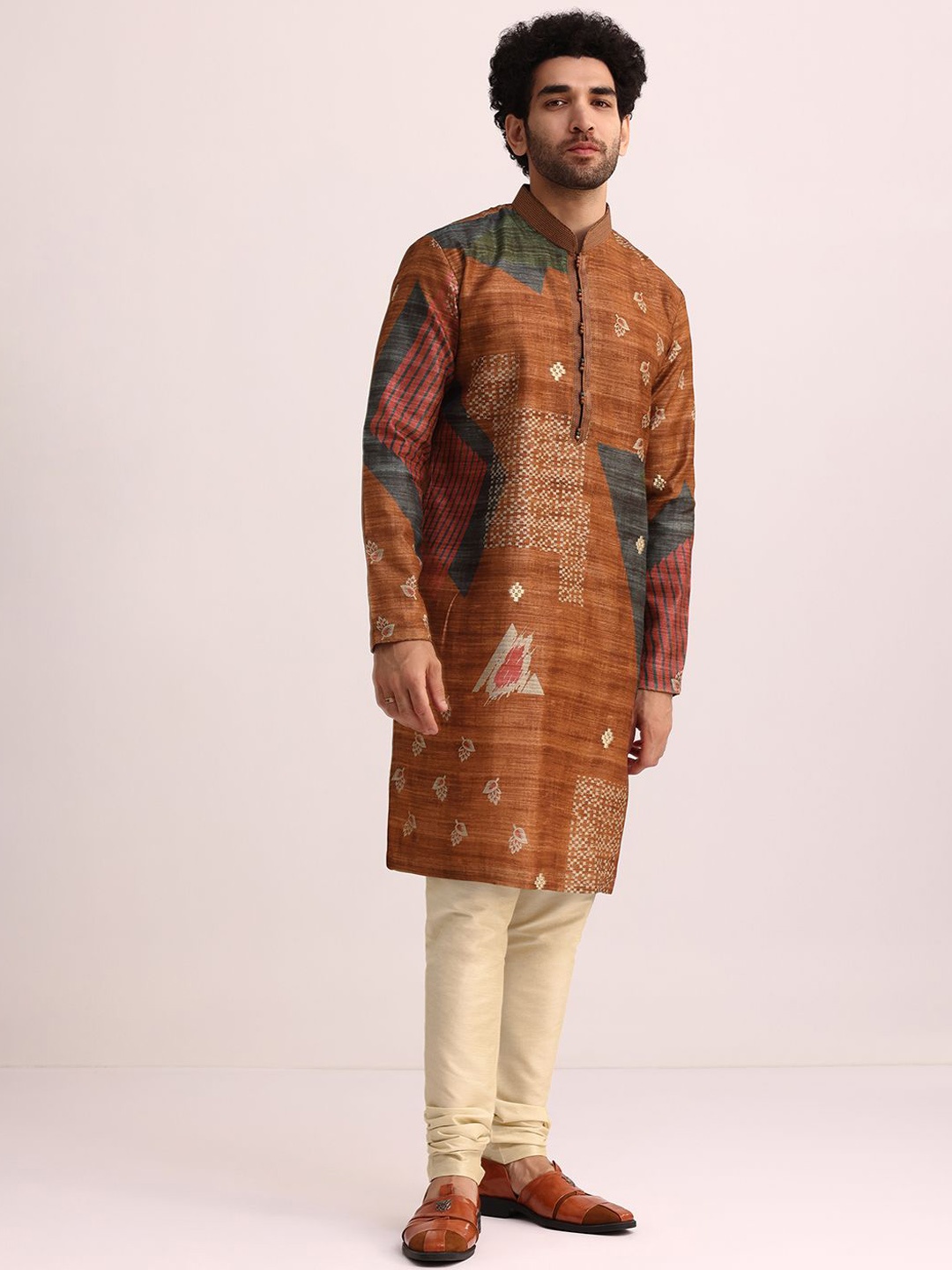 

KALKI Fashion Geometric Printed Thread Work Straight Kurta With Churidar, Rust