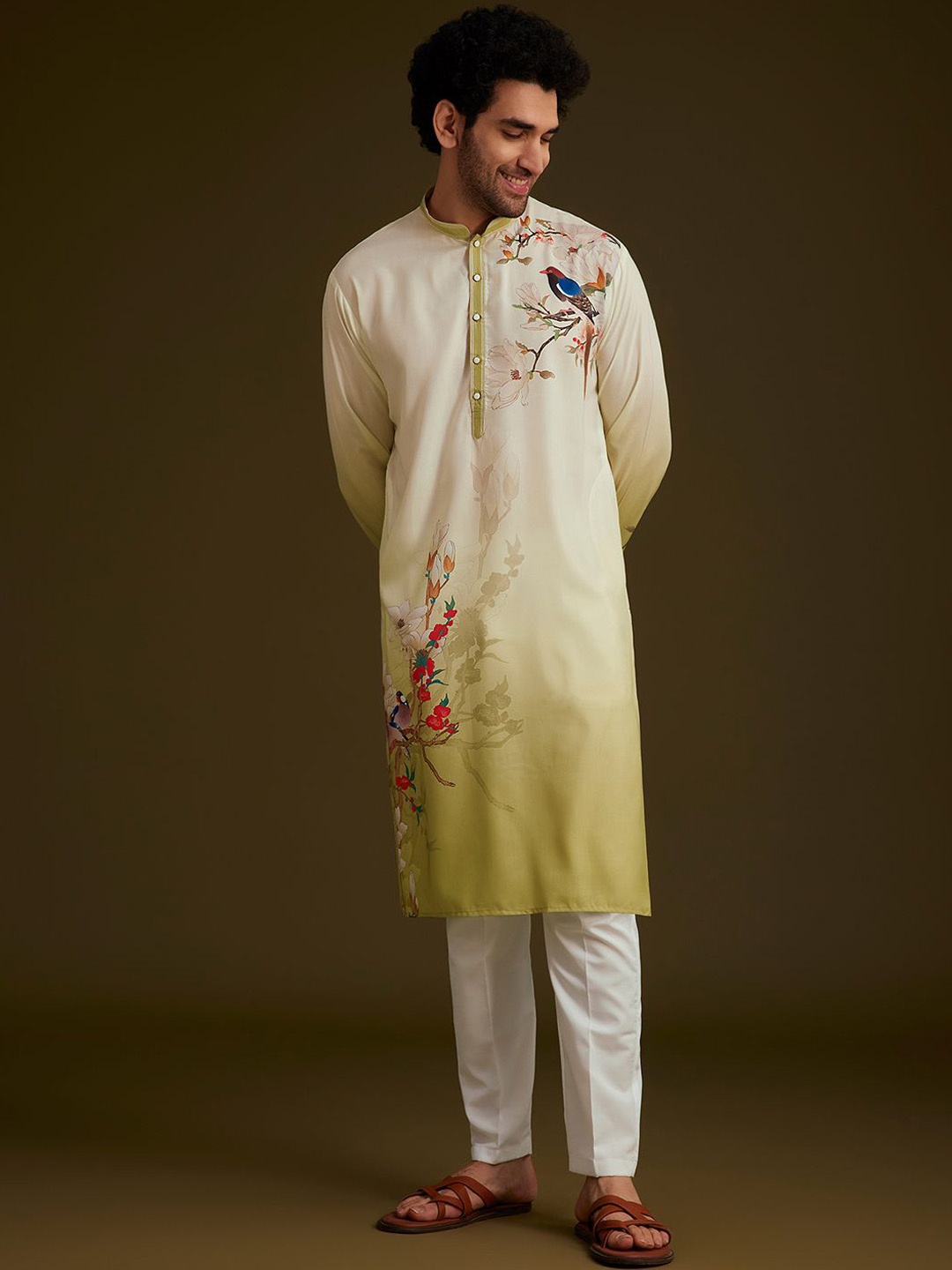 

KALKI Fashion Men Animal Printed Regular Kurta with Trousers, Green