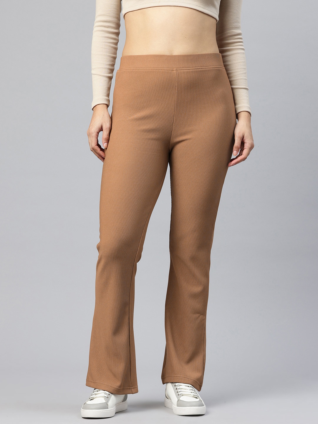 

Popnetic Women Ribbed Flared High-Rise Trousers, Brown