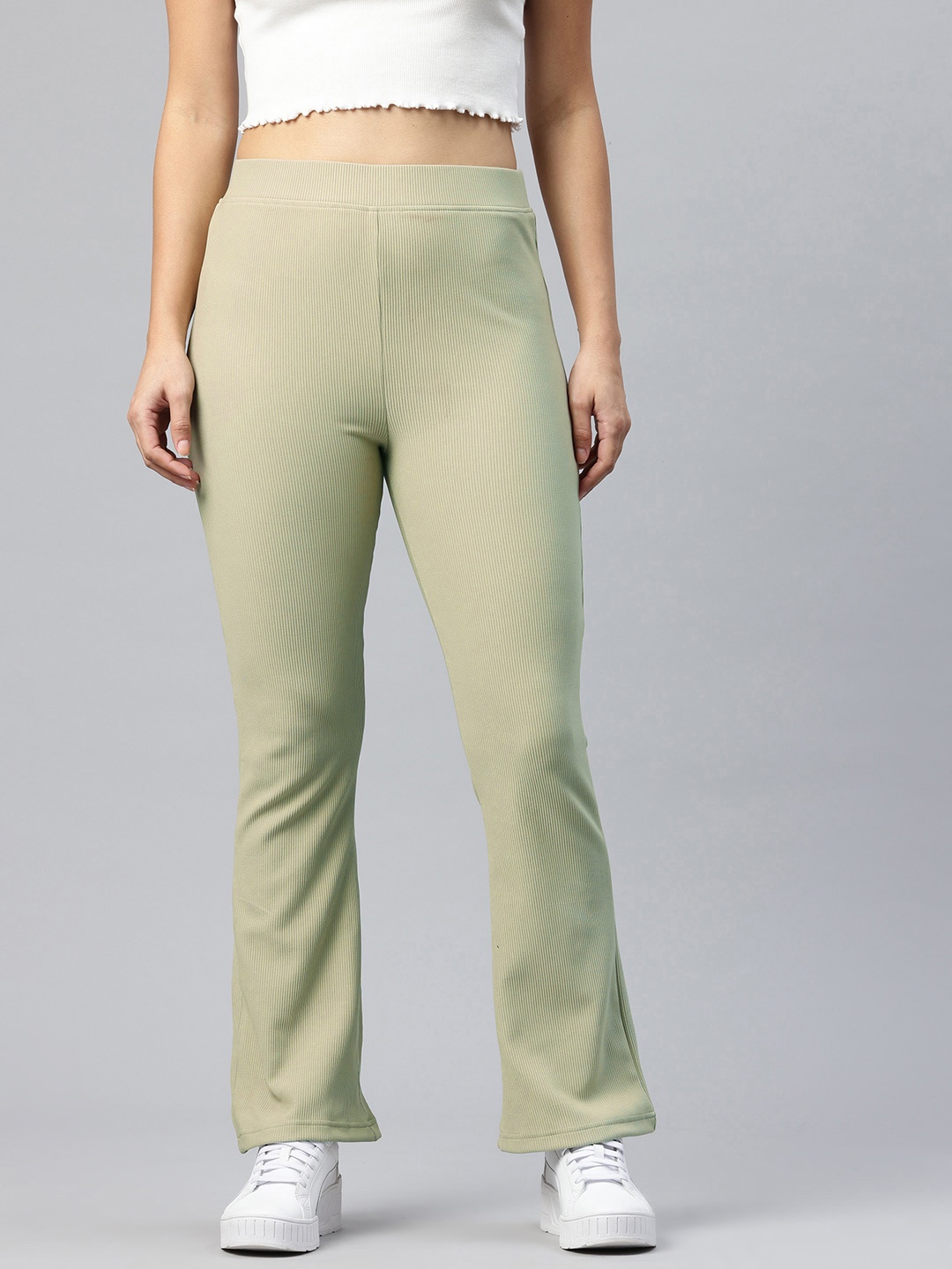 

Popnetic Women Ribbed Flared High-Rise Trousers, Green
