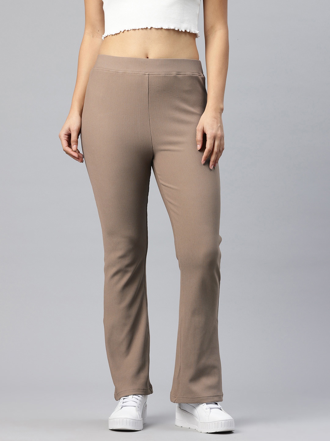 

Popnetic Women Ribbed Flared High-Rise Trousers, Taupe