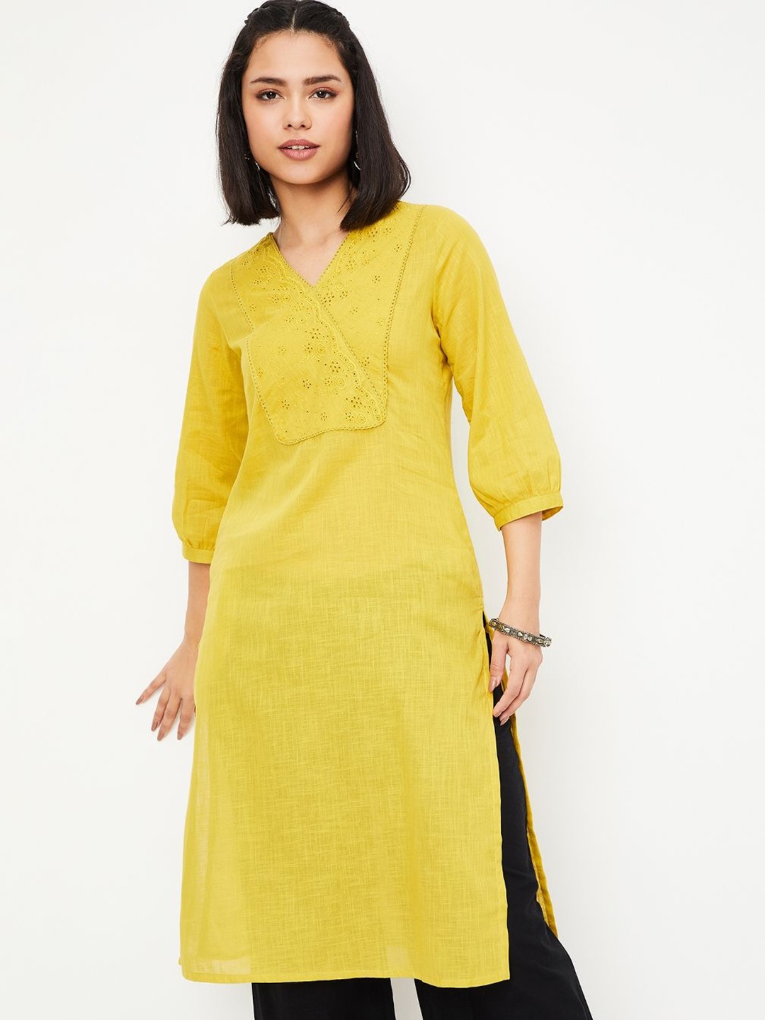

max Floral Yoke Design V-Neck Puff Sleeves Cotton Straight Kurta, Yellow