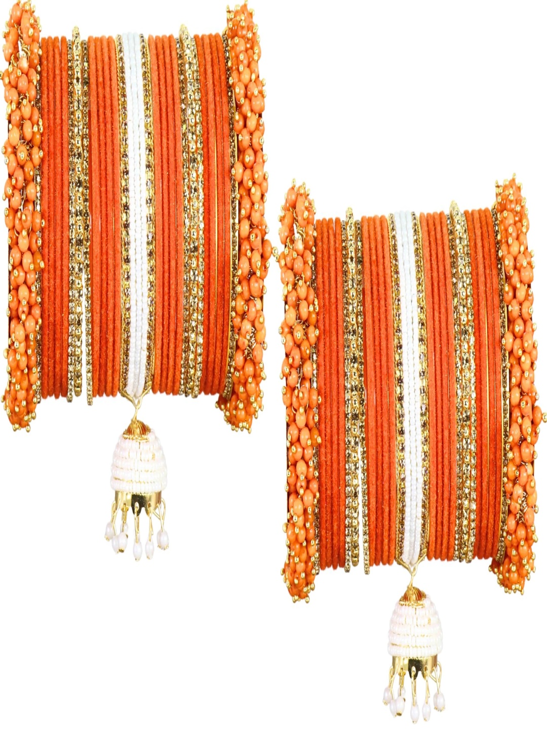 

ZULKA Set Of 54 Zircon Stone-Studded & Pearls Beaded Velvet Latkan Chuda Bangles, Orange