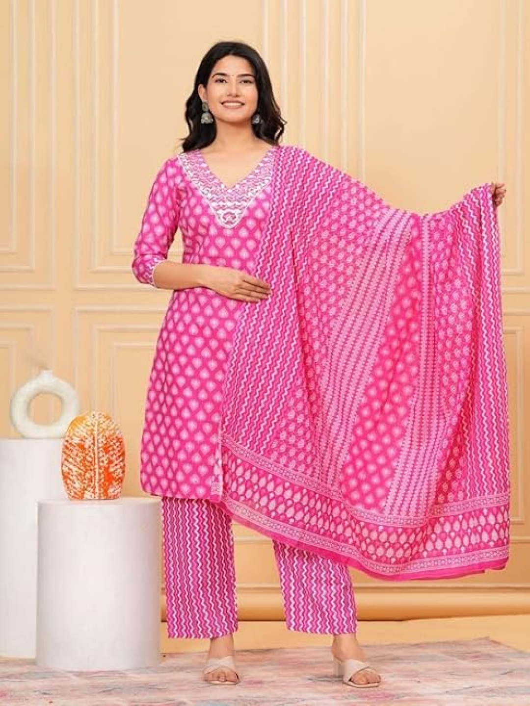 

Jammdani Floral Printed V-Neck Pure Cotton Straight Kurta With Trousers & Dupatta, Pink