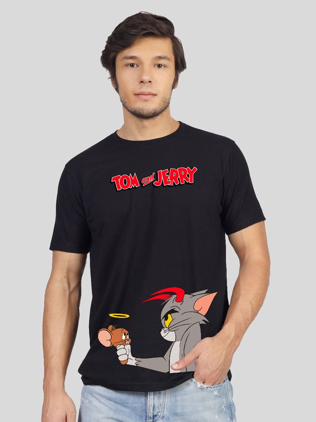 

Greylongg Men Tom & Jerry Graphic Printed Round Neck Cotton T-shirt, Black