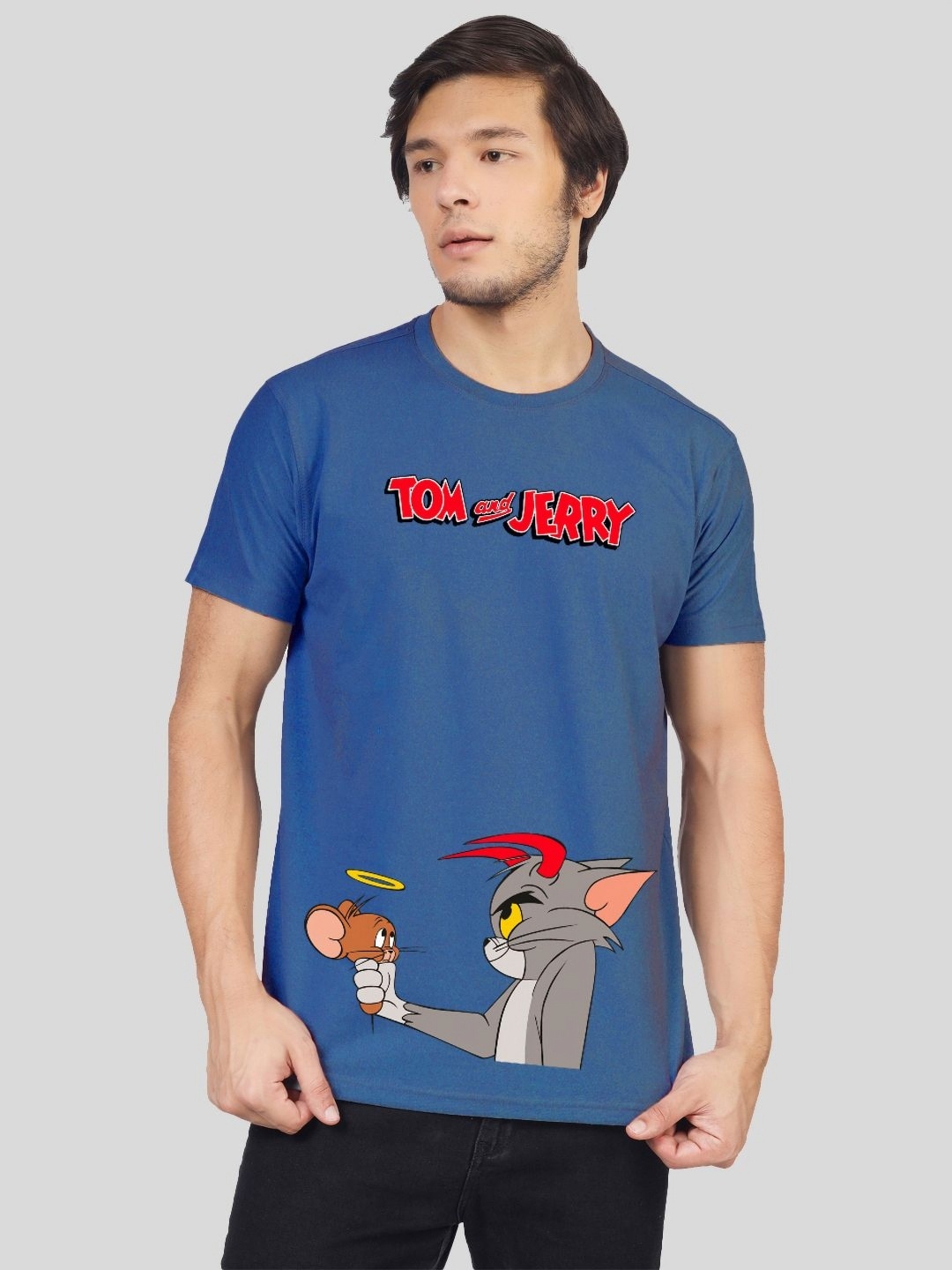 

Greylongg Men Tom & Jerry Graphic Printed Round Neck Cotton T-shirt, Blue