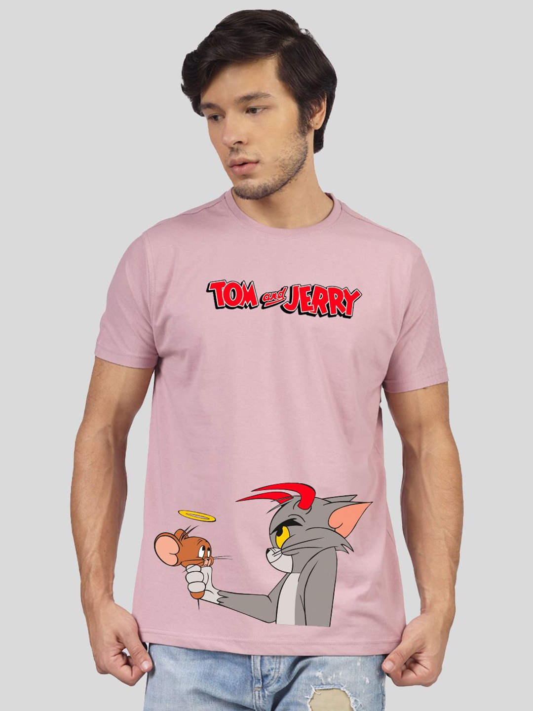 Greylongg Men Tom & Jerry Graphic Printed Round Neck Cotton T-shirt, Purple