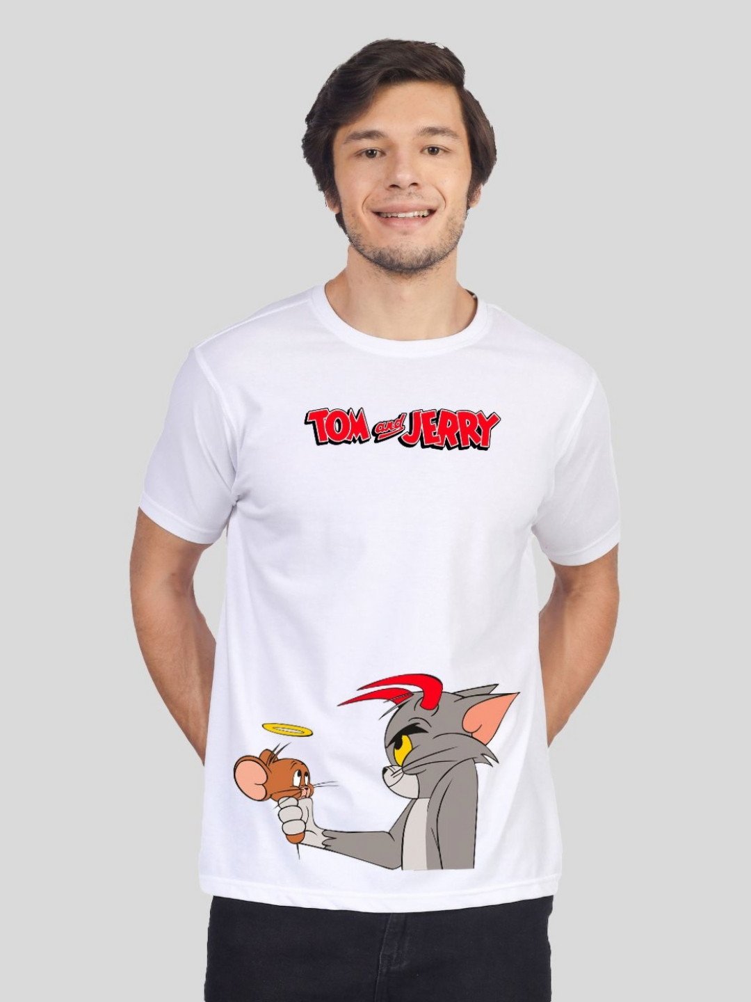 

Greylongg Men Tom & Jerry Graphic Printed Round Neck Cotton T-shirt, White