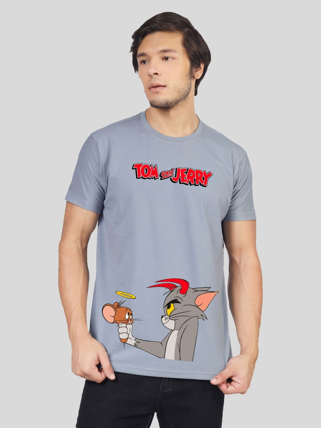 

Greylongg Men Tom & Jerry Graphic Printed Round Neck Cotton T-shirt, Grey
