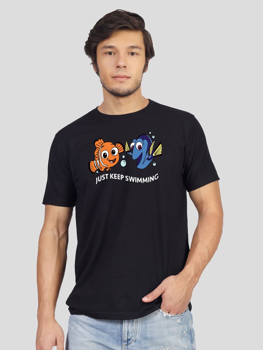 

Greylongg Men Nemo Graphic Printed Round Neck Cotton T-shirt, Black