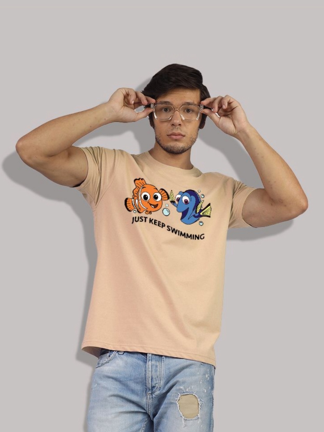 

Greylongg Men Nemo Graphic Printed Round Neck Cotton T-shirt, Beige