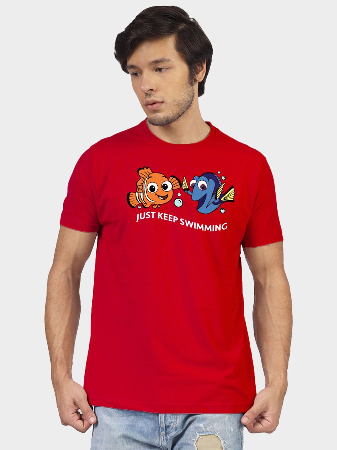 

Greylongg Men Nemo Graphic Printed Round Neck Cotton T-shirt, Red