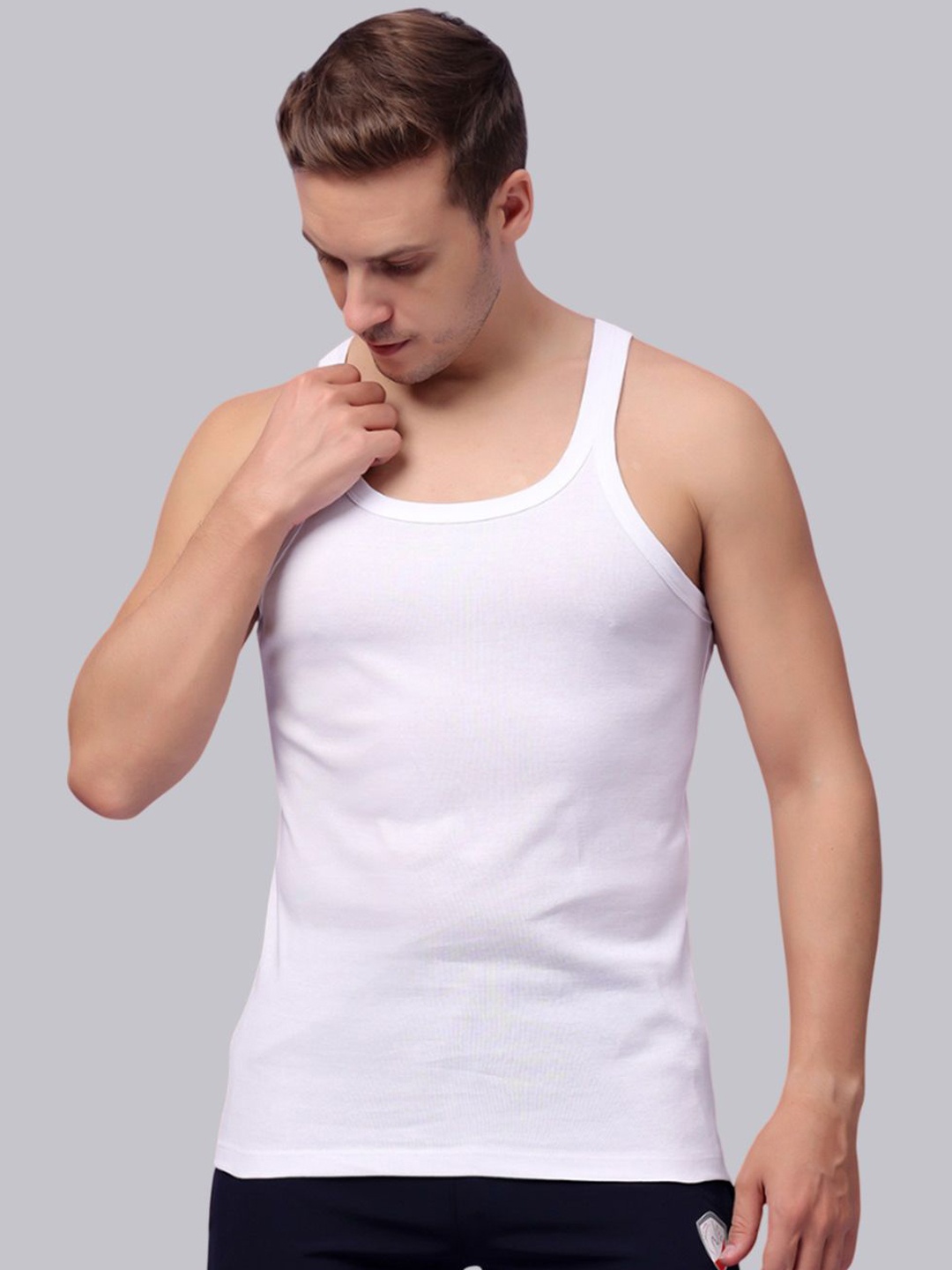 

Friskers Men Round Neck Cotton Gym Vest, White