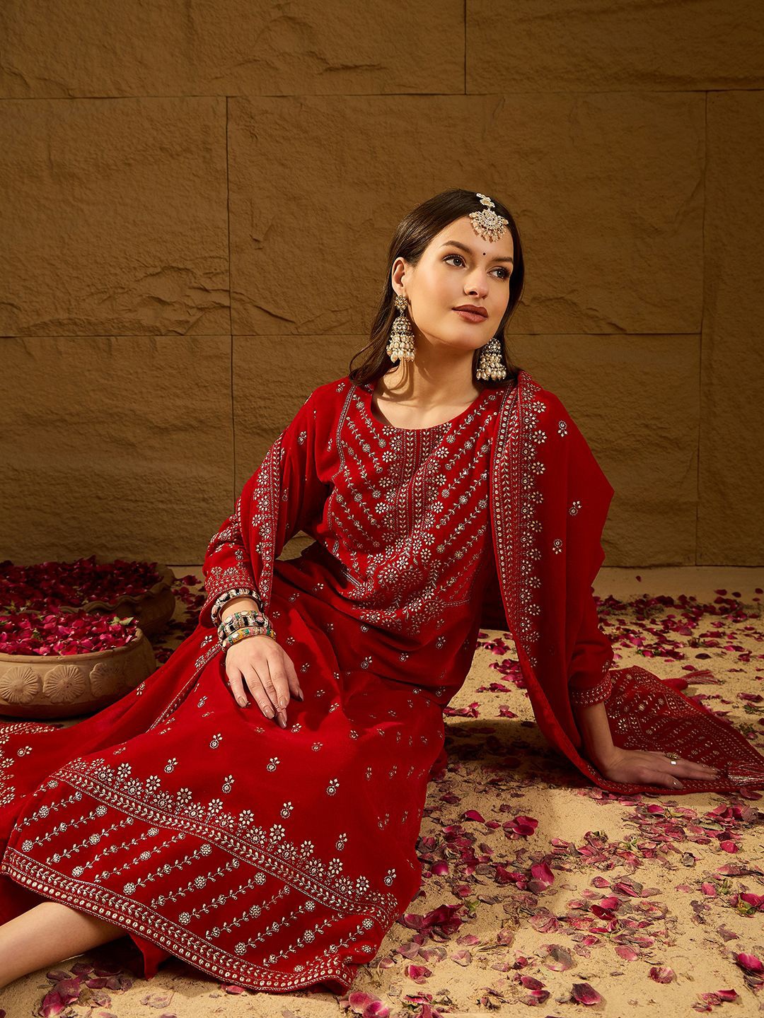 

KALINI Ethnic Motifs Printed Round Neck Straight Velvet Kurta With Trousers And Dupatta, Red