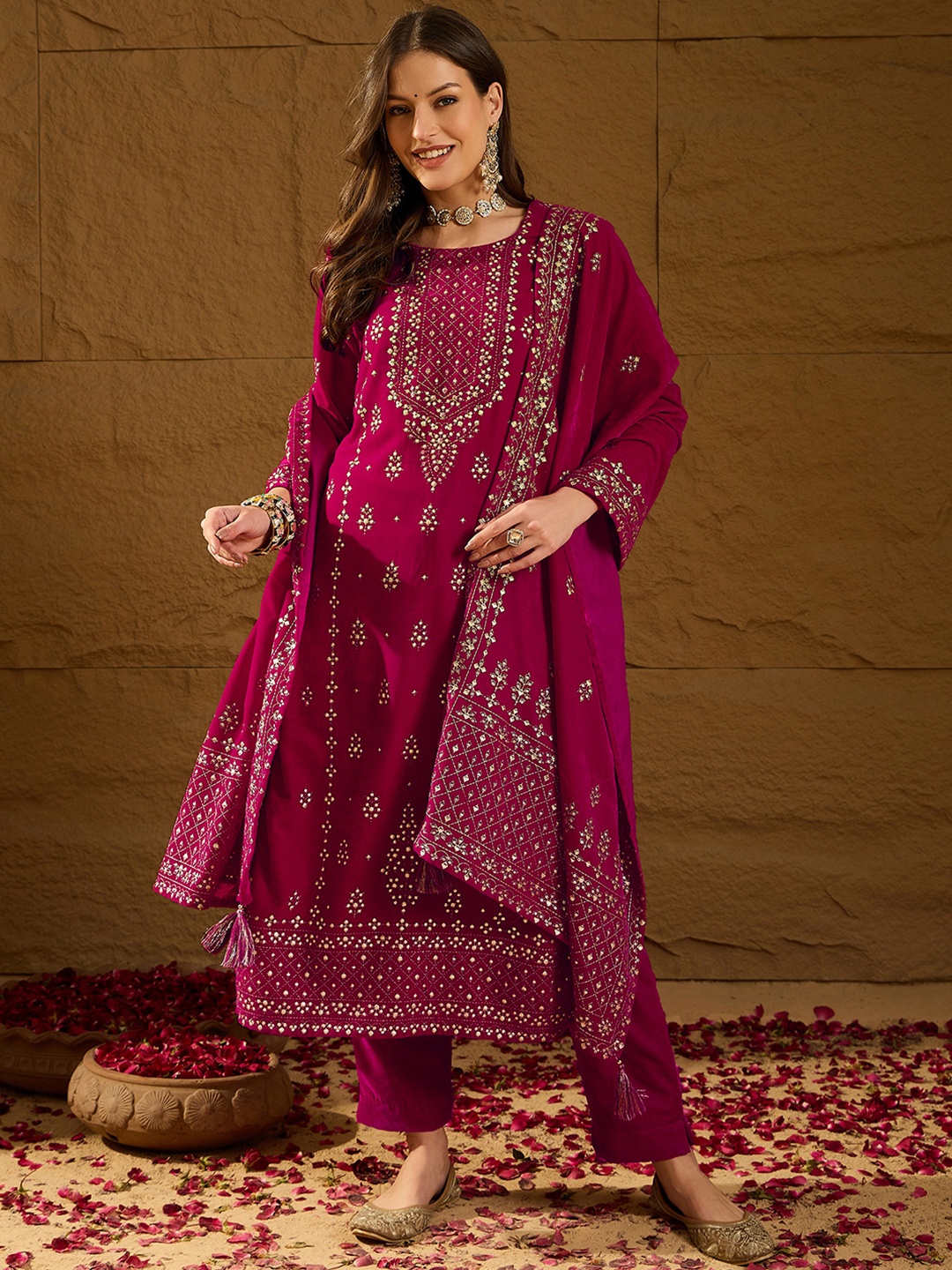 

KALINI Ethnic Motifs Printed Round Neck Straight Velvet Kurta With Trousers And Dupatta, Pink