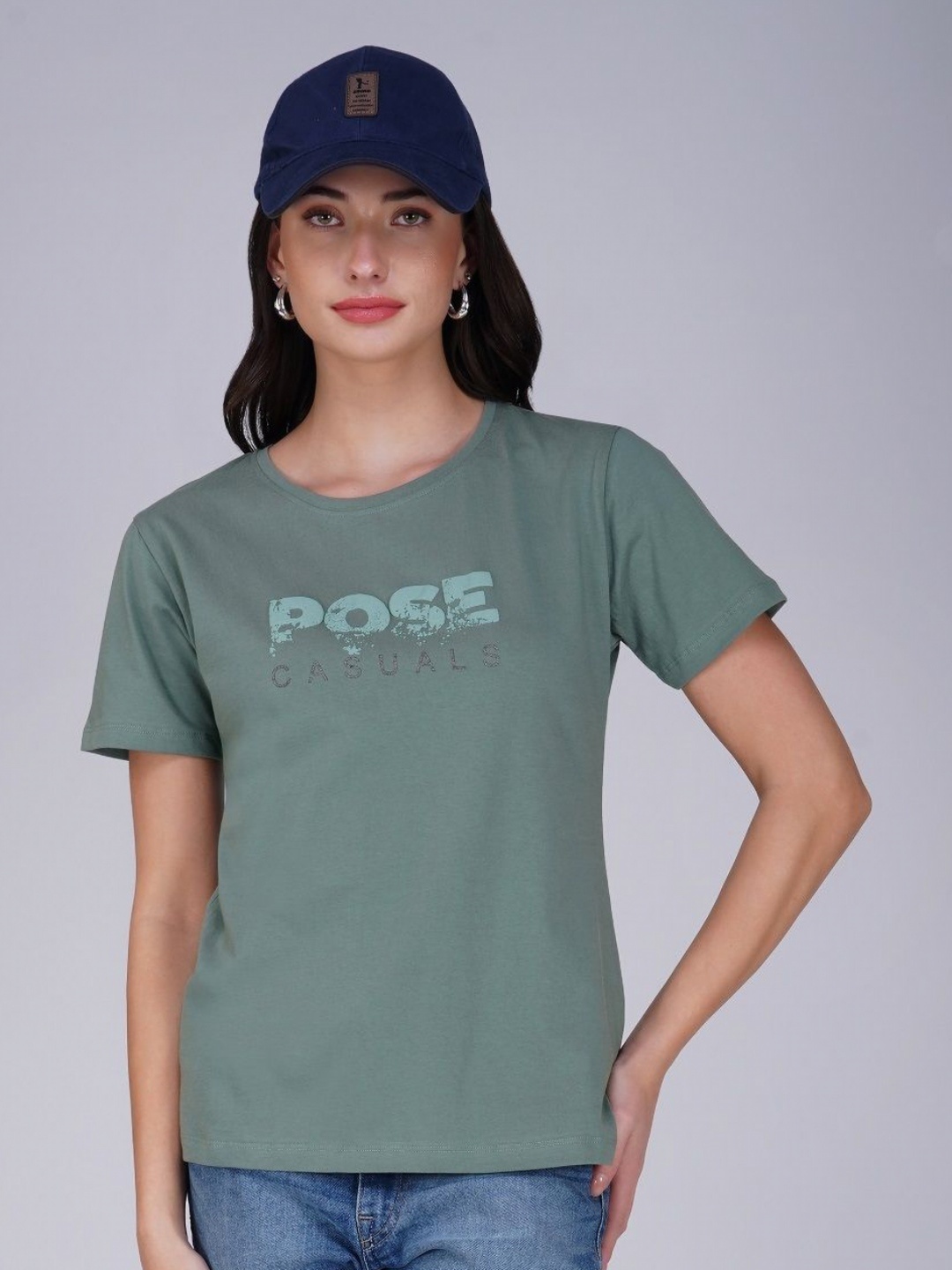 

POSE CASUALS Women Typography Printed Round Neck Cotton T-shirt, Olive