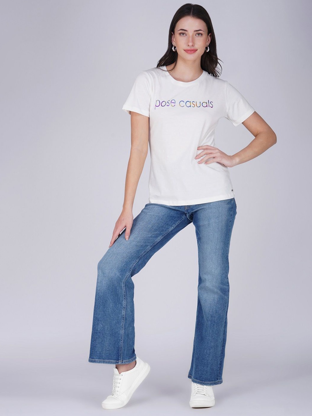

POSE CASUALS Women Typography Printed Round Neck Cotton T-shirt, White