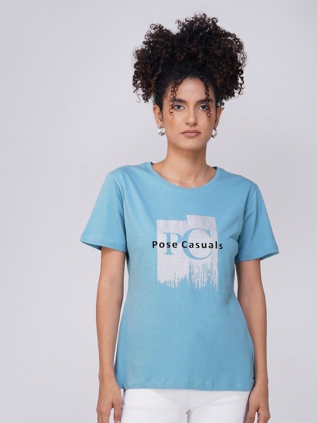 

POSE CASUALS Women Typography Printed Round Neck Cotton T-shirt, Blue