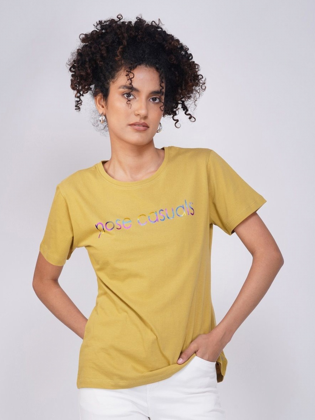 

POSE CASUALS Women Typography Printed Round Neck Cotton T-shirt, Yellow