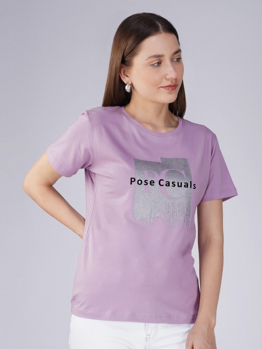 

POSE CASUALS Women Typography Printed Round Neck Cotton T-shirt, Lavender